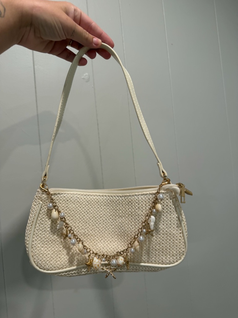 Cream Woven Shoulder Bag with Pearl Charm Chain